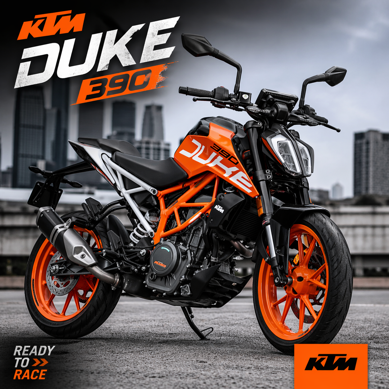 Orange and black KTM Duke 390 motorcycle parked on an urban road with city skyline background, showcasing sporty streetfighter design and alloy wheels.
