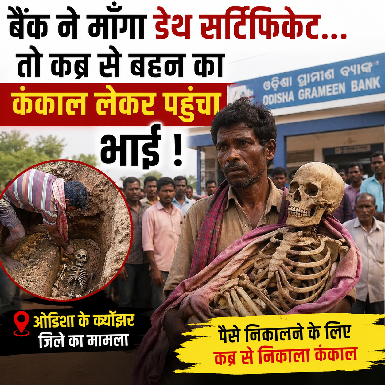 ओडिशा वायरल न्यूज में बैंक के बाहर बहन का कंकाल लेकर खड़ा लाचार भाई, डेथ सर्टिफिकेट विवाद मामला