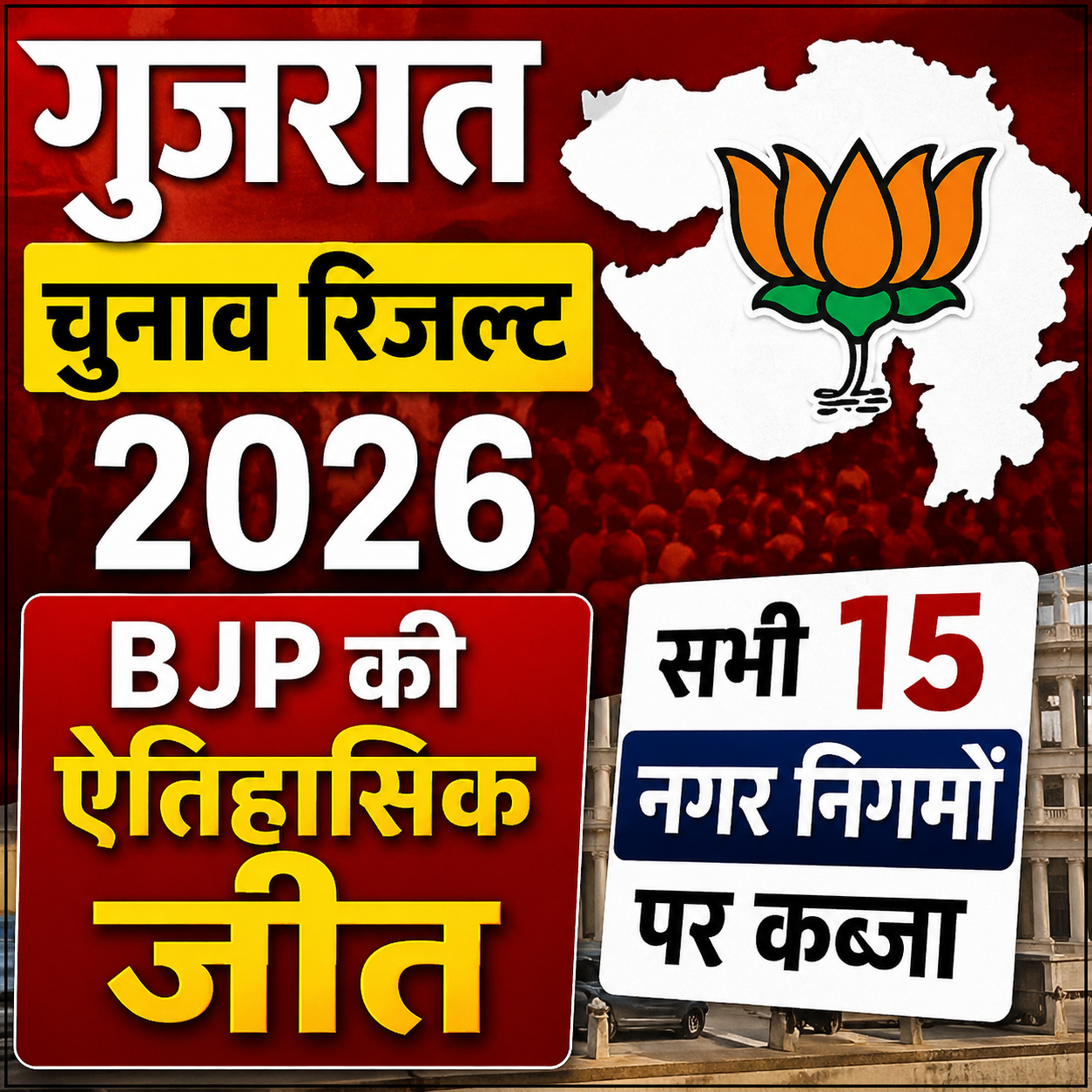 Gujarat Election Result 2026 thumbnail showing BJP lotus symbol on Gujarat map with headline about historic victory in all 15 municipal corporations.