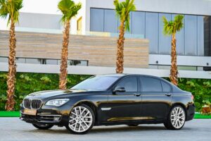 Elegant black BMW car parked in front of modern architecture with palm trees in UAE.