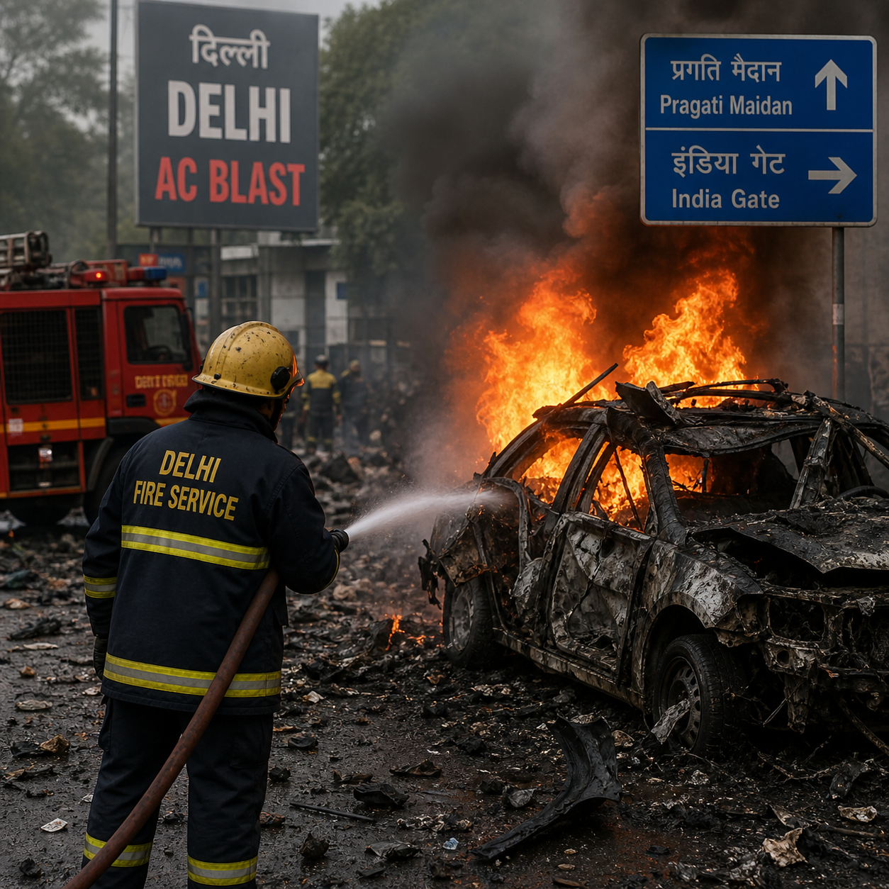 Firefighter extinguishing flames after AC blast in Delhi street with burning car and heavy smoke